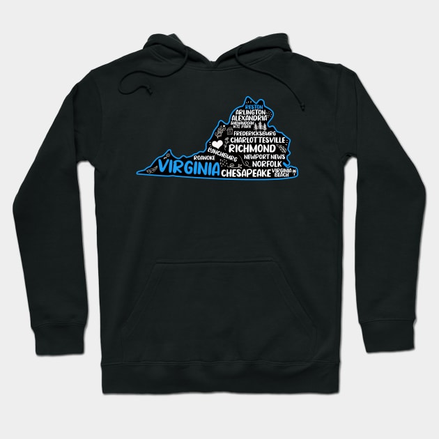 Reston Virginia cute map Virginia Beach, Chesapeake, Norfolk, Richmond, Newport News, Alexandria, Hampton, Roanoke, Suffolk Hoodie by BoogieCreates